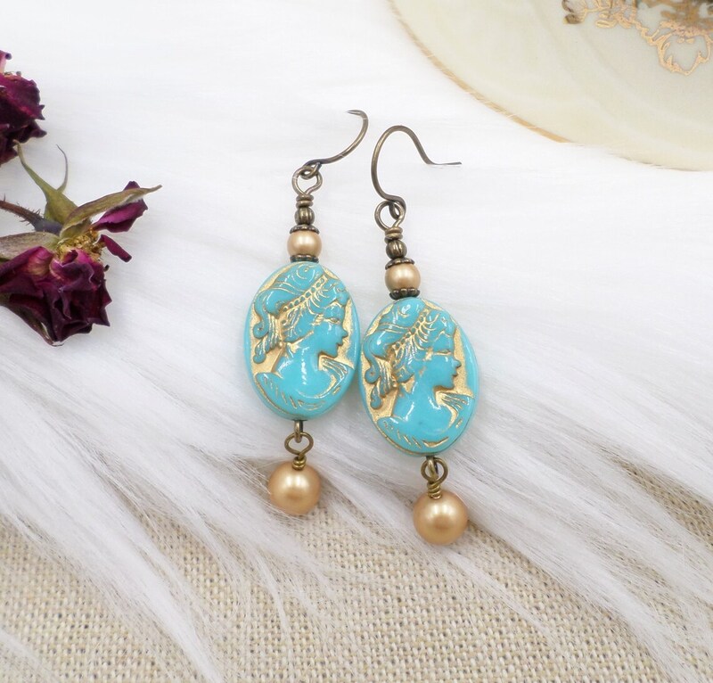Cameo Earrings, Blue Acrylic Bead Jewelry, Victorian Style Gold Pearl Cameo  Jewelry, Coquette Aesthetic, Girly Feminine Dangles